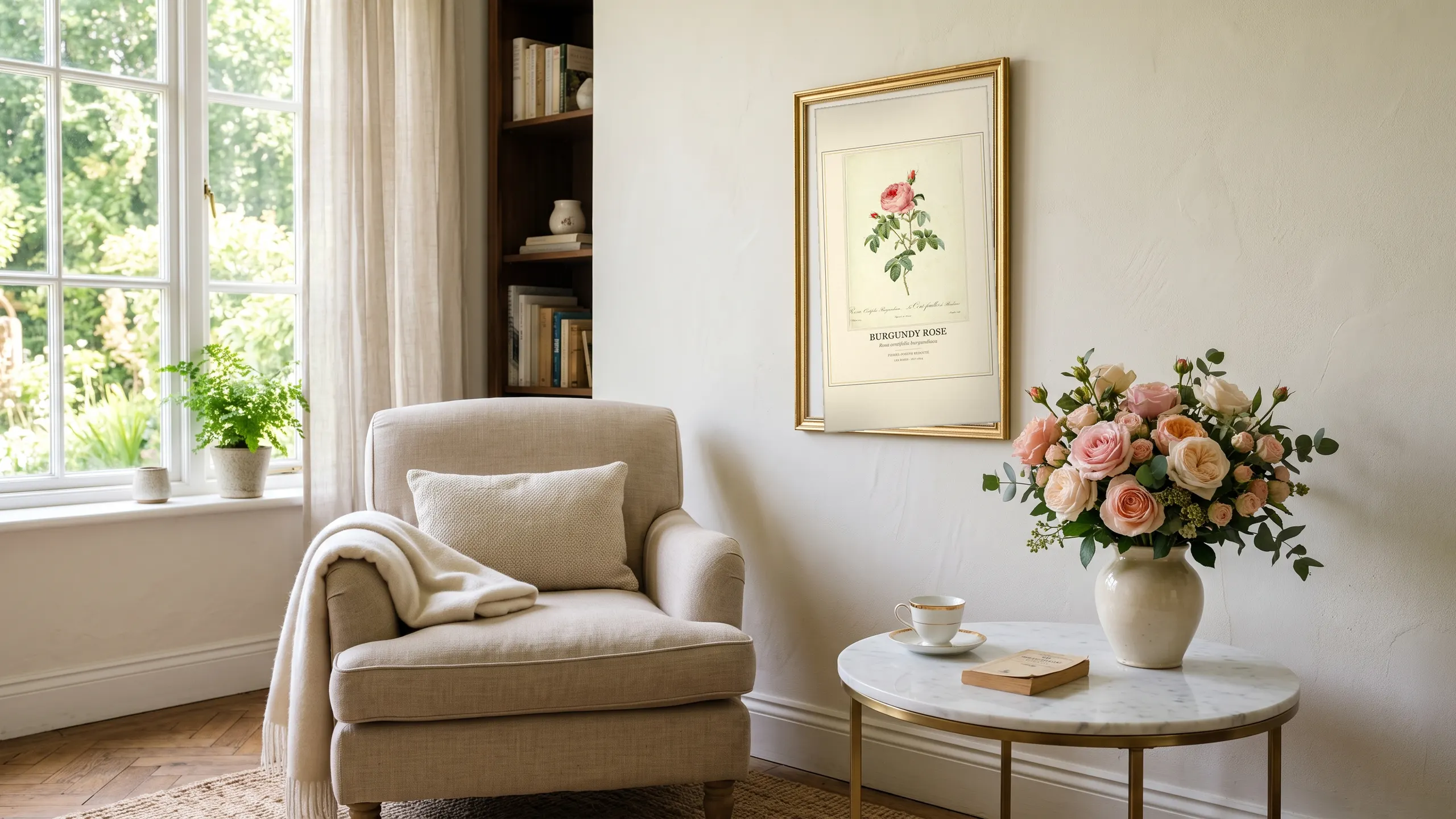A Redouté rose plate framed on a wall